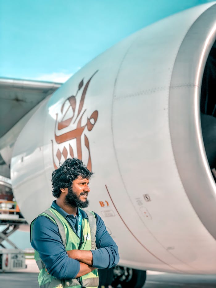 Man standing near aircraft engine at sunny Male Airport, Maldives.